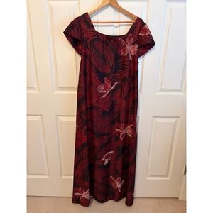 Vintage Sears Hawaii Maxi Dress Red Black Palm Floral Tropical Muu Muu Gown